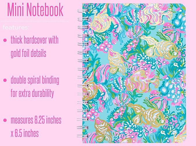Lilly Pulitzer Blue/Gold Hardcover Mini Spiral Notebook, 8.25" x 6.5" Small Journal with 160 College Ruled Pages, Aqua La Vista