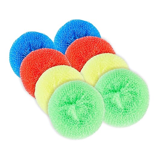 Restaurantware Plastic Dish Scrubbers 40 Pack 2.953 x 2.953 x 0.984 Inches Durable Non-Scratch Scrubbers Plastic Mesh Cleaning Pads Easy Grip Assorted Colors for Multi-Surface Cleaning