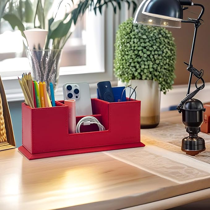 UnionBasic Desk Organizer, Desktop Caddy Leather Multi-compartment Pen Holder Office Stationer Organizer, Red
