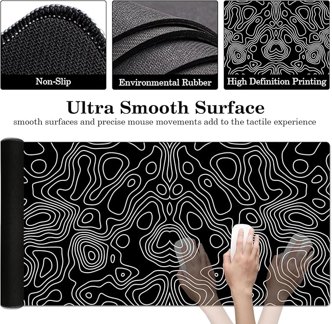 Black Topographic Desk Pad Protector, Stitched Edges Mouse Pad, Large Office Desk Mat, Non-Slip Desk Blotter, Laptop Desk Pad, Desk Writing Pad for Office and Home (31.5" x 15.7 ")