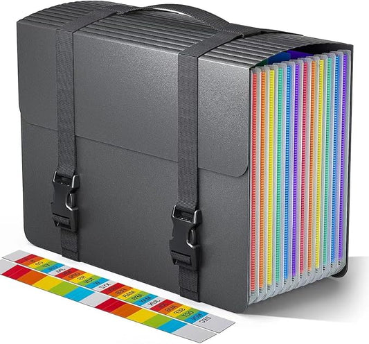 Accordion File Organizer,Expanding File Folders with Handle,12 Pockets Accordian Document Organizer Expandable Filing Box,Portable File Box for Paper Receipt Bill,A4/Letter Size,2 Tabs,Frosted