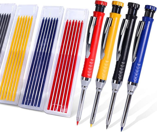 4 Pack Carpenter Pencil with Sharpener, Mechanical Pencils Set with 28 Refills, Construction Pencil Heavy Duty Woodworking Pencils (Red, Black, Yellow, Blue) Deep Hole Long Nib Marker Pens
