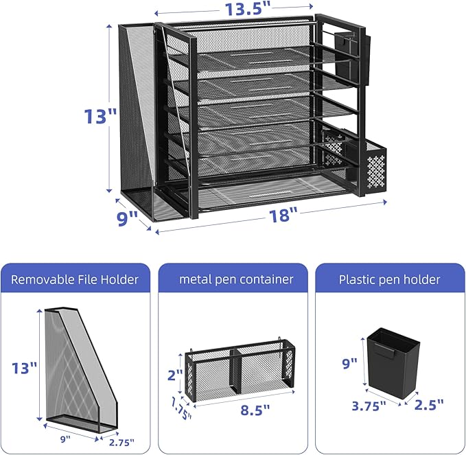 Simple Trending 6 Tier Desk File Organizer, Paper Letter Tray Organizer with File Holder and Pen Container, Black