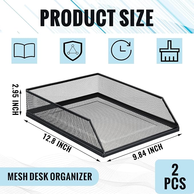 Hicarer 2 Pcs Black Metal Letter Tray Stackable Desk Tray Single Wire Mesh Organizer Front Load File Paper Holder for Desktop Office Home School Classroom (12.8 x 9.84 Inch)