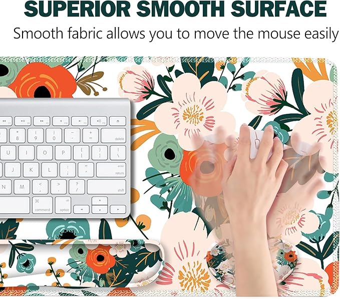 ARTSO Extended Gaming Mouse Pad Set, Keyboard Wrist Rest Support Pad + Wrist Cushion + XXL Large Mouse Pad + Coaster, Stitched Edge, Non-Slip, Memory Foam Desk Mat, Flower