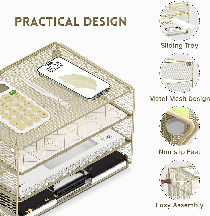 DALTACK 3 Tier Letter Tray Paper Organizer Mesh Metal Desk File Organizer for Home & Office, Golden Yellow