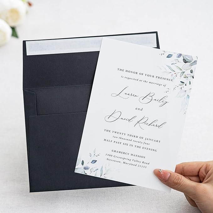 PONATIA 50 Pieces 5x7 Envelopes, A7 Envelopes Self Seal for Weddings, Invitation Cards, Photos, Postcards, Greeting Cards Mailing, Baby Shower, Graduation, Christmas Gift Cards (Black)