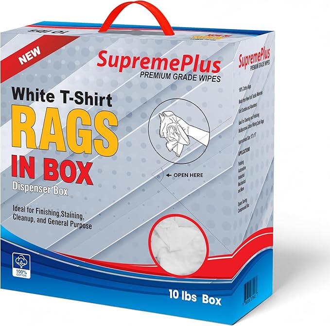 SupremePlus Premium White T-Shirt Cleaning Rags (10 lbs. Compressed Box of Rags) – White Cotton Cloths for Cleaning, Staining, Painting, Oil, Grease & Dust Removal