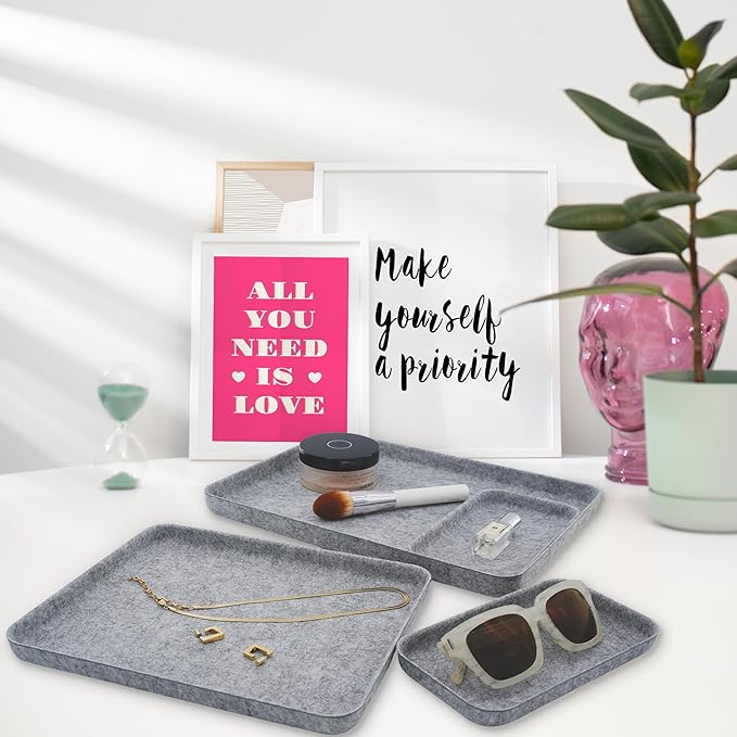 Welaxy EDC Catchall Desk Organizer felt DND dice rolling tray stylish nightstand Entryway Bedside Caddy for Keys Phone Wallet Watch Glasses Pens Office Accessory 4-piece (Gray)