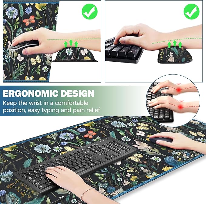 ARTSO Keyboard Mouse Pad Set, Extended Mouse Pad with Keyboard Wrist Rest Support, Memory Foam Ergonomic Desk Pad Set for Home Office, Flower Leaf Butterfly