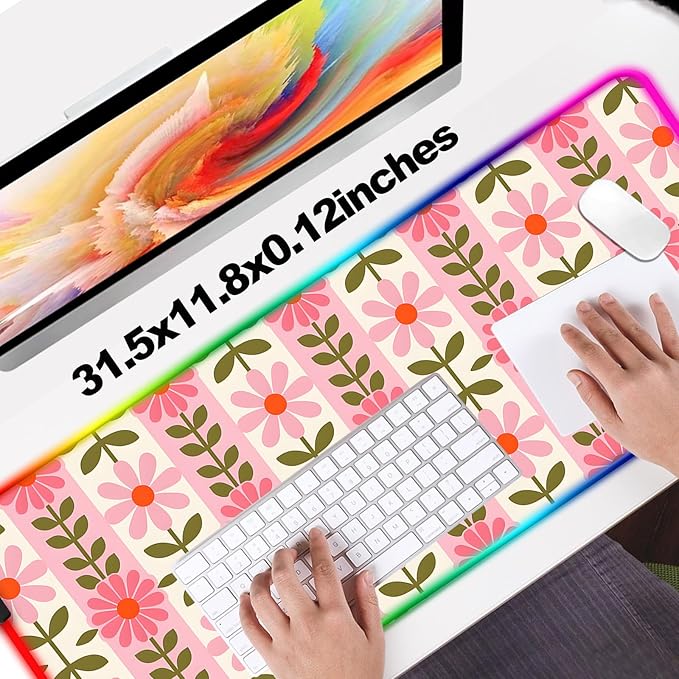 RGB Pretty Pink Flowers Gaming Desk Mat, Computer Keyboard Large Extended Long Floral LED Mouse Pad for Office and Home, XL (W11)