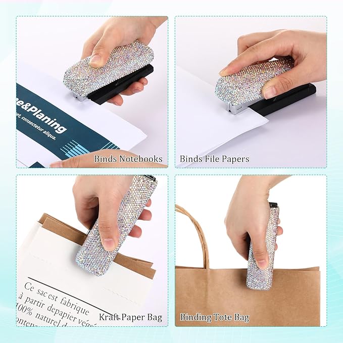 Yexiya Bling Crystal Stapler Gift Sparkly Diamond Stapler for Desk Handmade Clay Rhinestone Machine Pretty Office Stationery Kit Stylish Accessory for Women Lady Christmas(AB Color)