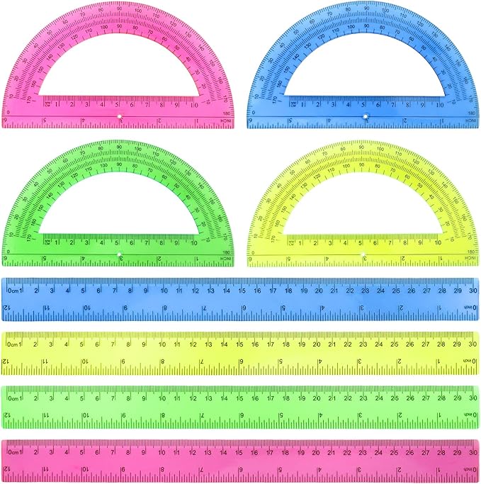 8pcs 6in Plastic Protractor with 12in Plastic Ruler Set,Clear Protractor Clear Ruler Math Geometry Protractor Ruler Set Student Classroom Protractor with Ruler,Transparent Protractor for School