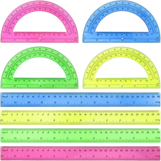 8pcs 6in Plastic Protractor with 12in Plastic Ruler Set,Clear Protractor Clear Ruler Math Geometry Protractor Ruler Set Student Classroom Protractor with Ruler,Transparent Protractor for School