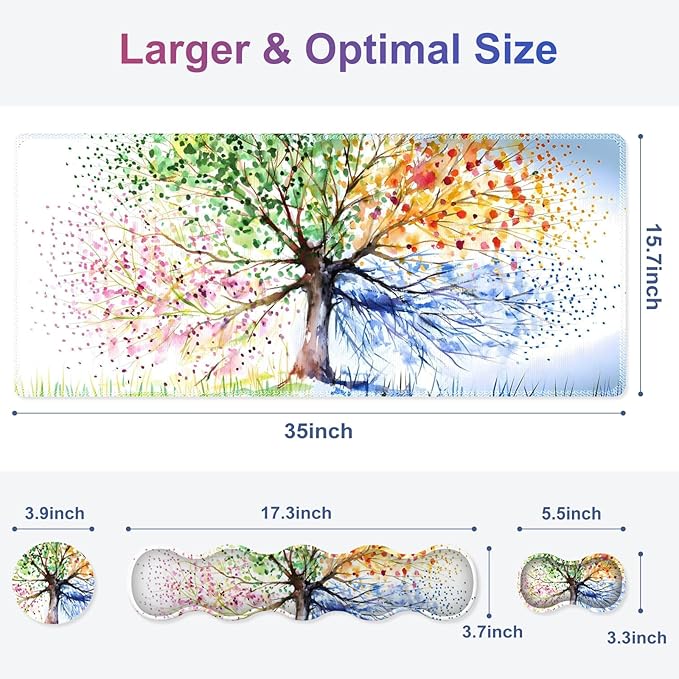 Desk Mat Gaming Mouse Pad, Cute Desk Matt Keyboard Wrist Rest for Desktop, Anti-Slip Big Mousepad Stitched Edges, XXL Large Mouse Pad with Wrist Support for Home Office Computer I Tree of Life