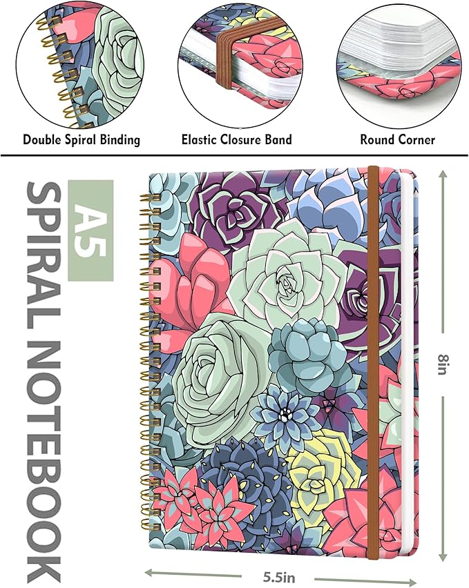 Spiral Journal Notebook for Women, Hardcover A5 College Ruled Notebook, 120 Pages, Thick Paper, Cute Lined Journal for School, Office & Work, 6 x 8.4 in(Cute Succulents Plant)