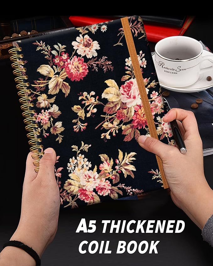 Ruled Spiral Writing Notebook,A5 Hardcover Lined College Journal for Women,Strong Twin-Wire Binding with Premium Paper,8.4" X 6",Perfect for School,Office,Home(Roses Wild Flower)