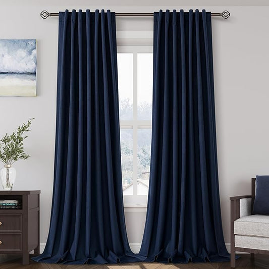 100% Blackout Linen Curtains 94 Inch Length 2 Panels for Living Room Loop Pocket Pinch Pleated Black Out Drapes Navy Blue Heat Reducing Total Blackout Window Curtain for Boy Man Bedroom