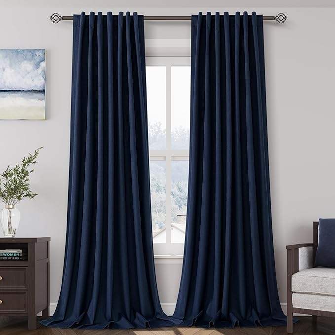 100% Blackout Linen Curtains 90 Inch Length 2 Panels for Living Room Loop Pocket Pleated Black Out Drapes Navy Blue Heat Reducing Total Blackout Window Curtain for Boy Man Bedroom 90 Inches Long