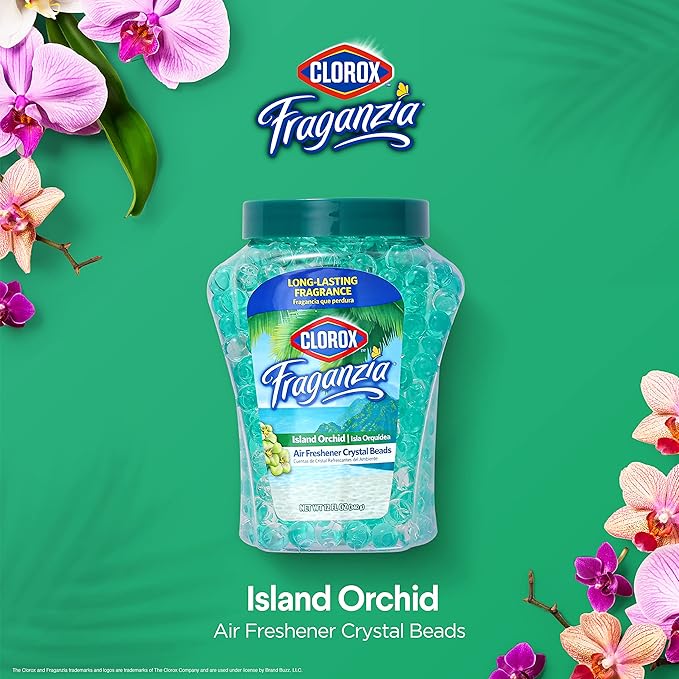 Clorox Fraganzia Crystal Beads Air Freshener in Island Orchid Scent - Long-Lasting Room Deodorizer - Odor Eliminator Gel Beads to Freshen Home, Car, or Office, 12 Fl Oz