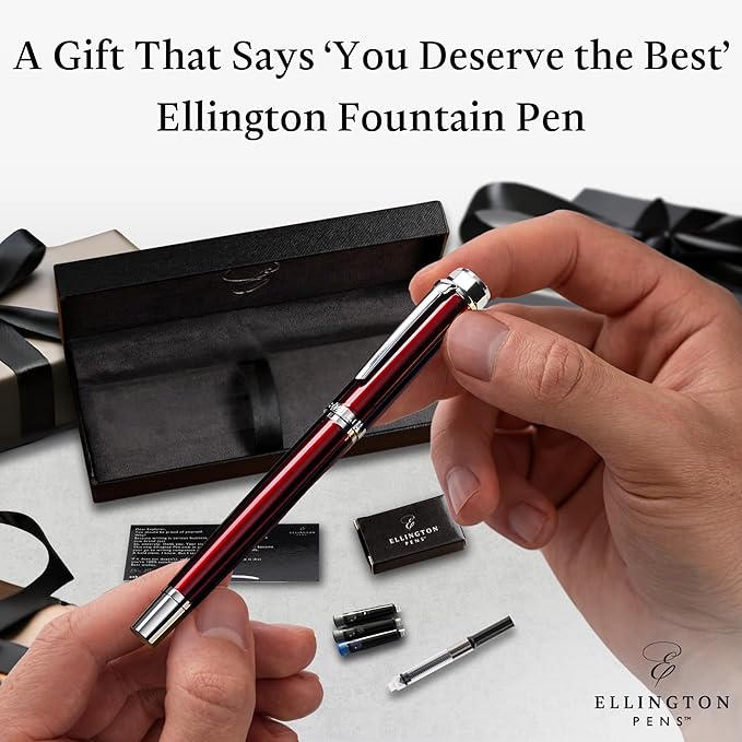 Ellington Pens Luxury Fountain Pen Set - Extra Fine Nib- Includes 3 Ink Cartridges, Refillable Ink Converter, Gift Box- Fountain Pens For Writing, Calligraphy, Journaling, Sketching (Scarlet Slate)