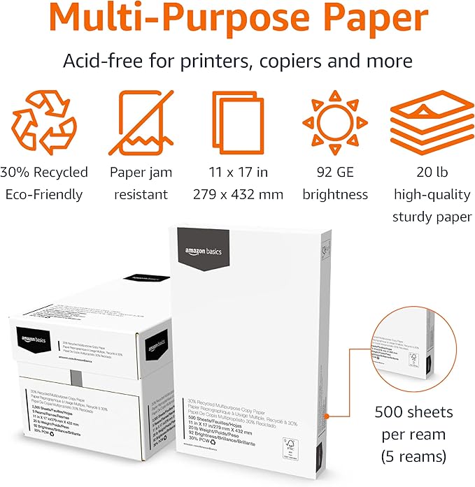 Amazon Basics 30% Recycled Multipurpose Copy Printer Paper, 11 x 17 Inches, 20 lb, 5 Ream, (2,500 Sheets), 92 Bright, White