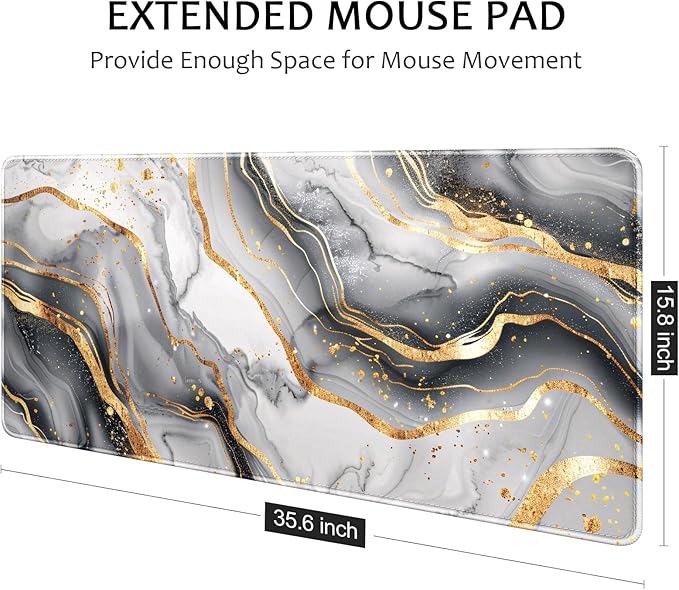 Auhoahsil Desk Mat, Ultra Large Mouse Pad, XXL Gaming Mousepad, Pretty Desk Pad, Big Extended Full Size Desktop Desk Matt for Keyboard, Laptop & Computer, 35.5 x 15.7 in, White Gray Marble