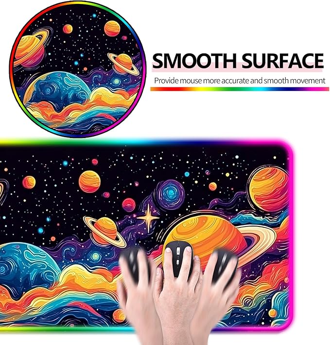 RGB Fantasy Space Planet Gaming Desk Mat, Computer Keyboard Large Extended Long Boy LED Mouse Pad for Office and Home, XL (W09)