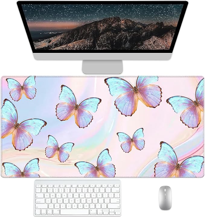 Butterfly Desk Pad Protector, Stitched Edges Mouse Pad, Large Office Mat, Non-Slip Blotter, Laptop Pad, Writing Pad for Office and Home (31.5" x 15.7")