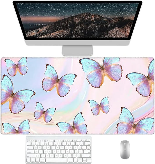 Butterfly Desk Pad Protector, Stitched Edges Mouse Pad, Large Office Mat, Non-Slip Blotter, Laptop Pad, Writing Pad for Office and Home (31.5" x 15.7")