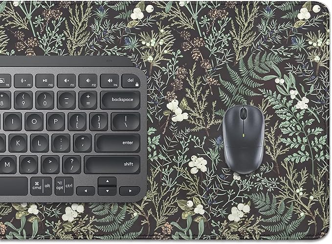 Dark Green Plant Desk Pad Mouse Pad,Vintage Green Fern Leaves Mouse Mat with Stitched Edges,Non-Slip Rubber Base Mousepad for Office PC Keyboard Laptop and Home Work Desk Mat(27.5X11.8 in)
