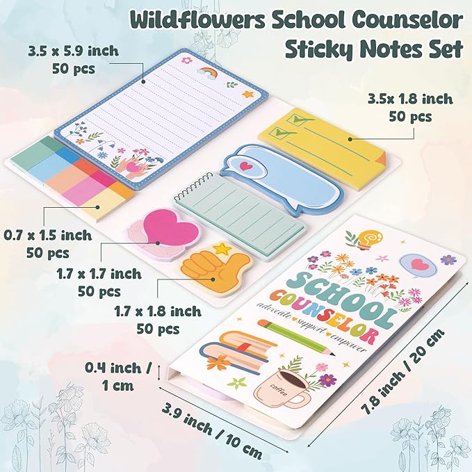 B1ykin Sticky Notes Set, School Counselor Theme Wildflowers Self-Stick Notes Pad Teacher Appreciation Gifts, Self-Adhesive Writing Memo Pages Sticky to Do Notepad for Class Office (School Counselor)