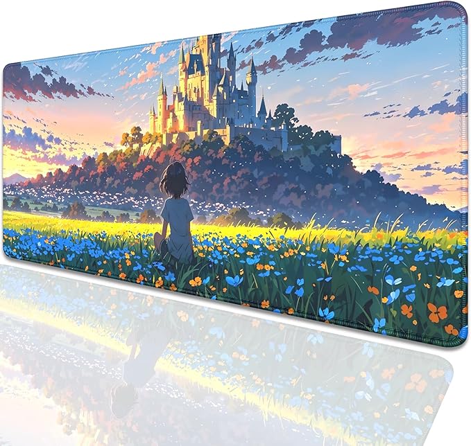 Cartoon Cute Fantasy Castle Sky Flowers Children Extended Desk Pad Mouse Pad,Stitched Edges Non-Slip Rubber Base XL Mouse Mat Desk Mat for Office Home Work Mousepad(27.5X11.8 Inch)