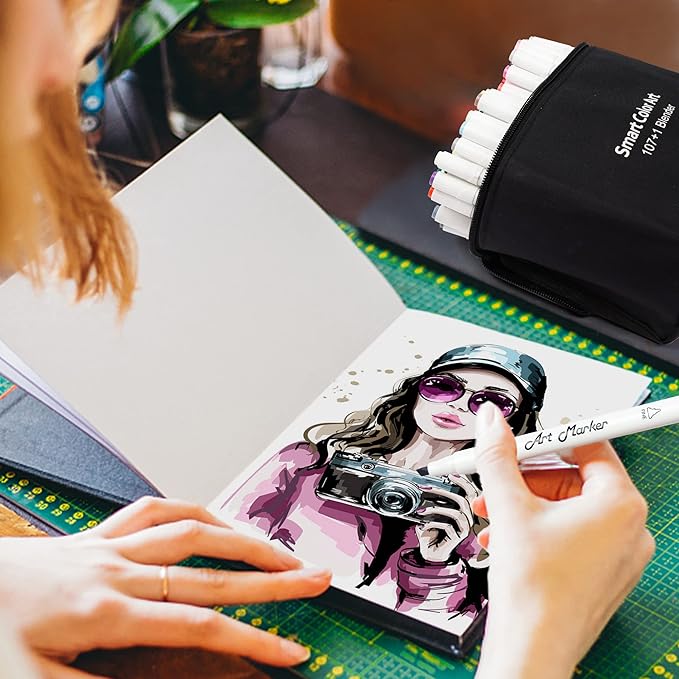 Smart Color Art 108 Pack Art Markers, 107 Alcohol Based Marker Pens and 1 Blender, Dual Tip Coloring Permanent Markers Highlighters with Case, Excellent for Adults Kids Marking Drawing Sketching