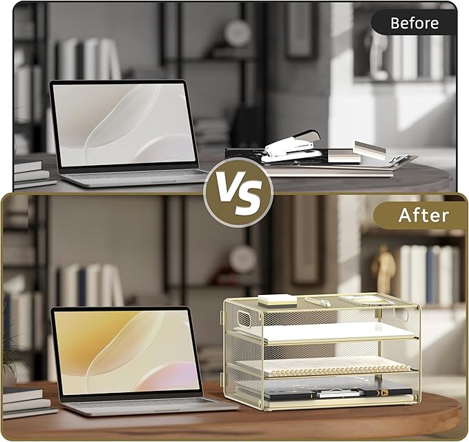 DALTACK 3 Tier Letter Tray Paper Organizer with Handle, Mesh Desk File Organizer, Paper Tray Desk Organizer for School Office Home, Metal Mesh, Golden Yellow