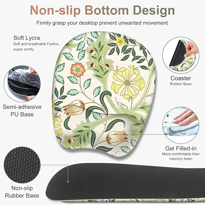 4 in 1 Large Mouse Pad, Keyboard Wrist Rest Set, Ergonomic Mouse Pad with Wrist Support, Desk Mat with Stitched Edges Extended Desk Pad Waterproof Desk Mat for Home Office Game I Green Flower Plants