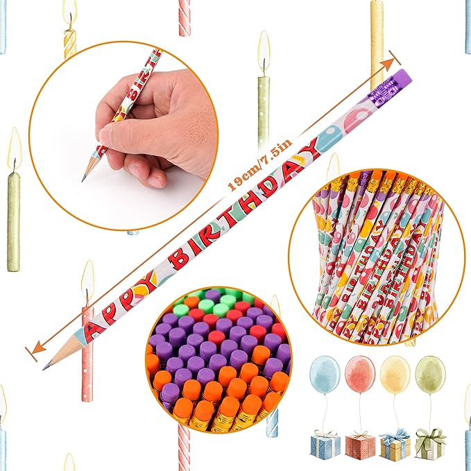 Kolewo4ever 200Pcs Happy Birthday Pencils - Bright Wooden Pencils with Top Erasers for Kids & Adults - Party Favors & School Supplies