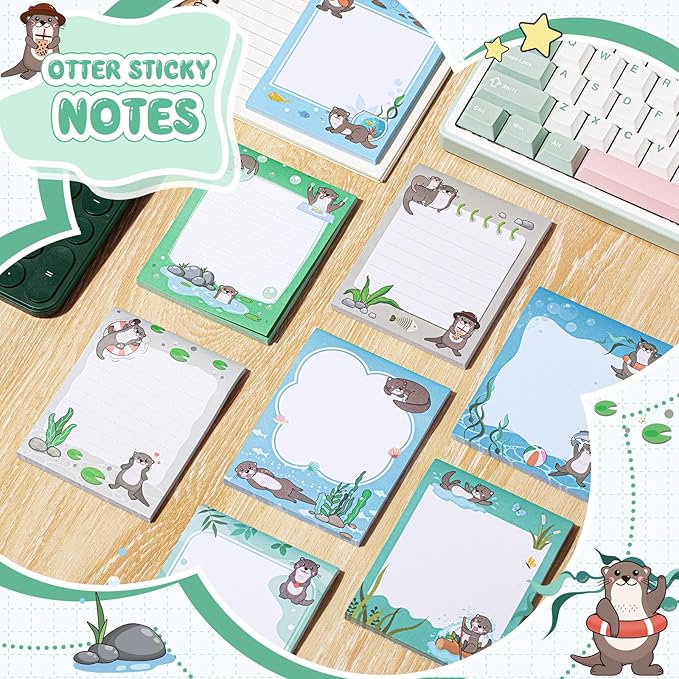 Sabary 9 Pads Cute Sticky Notes Animal Sticky Note Pads 3.15 x 3.94 Inches Colored Adhesive Memo Reminder Decor for Journal School Office Gifts(Otter)