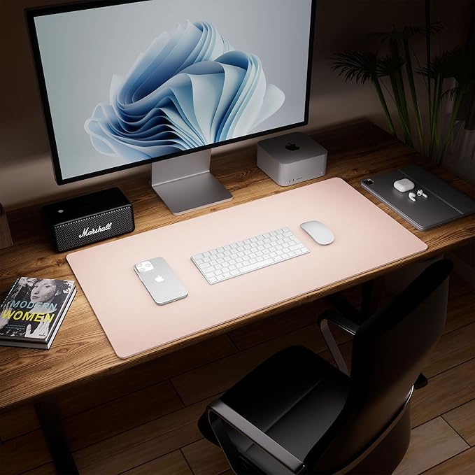 Aothia Double-Sided Desk Pad – 37.8"x17" Leather Desk Mat with Eco Cork Protector, Large Mouse Pad, Waterproof Desk Blotter for Office/Home (Pink)