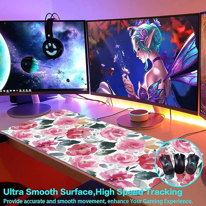 Large Gaming Mouse Pad for Desk,Watercolor Pink Flowers and Green Leaves Desk Mat for Desktop,Non-Slip Rubber Base Stitched Edge Long Computer Keyboard Mouse Mat Desk Pad for Home Office 35.4"X15.7"