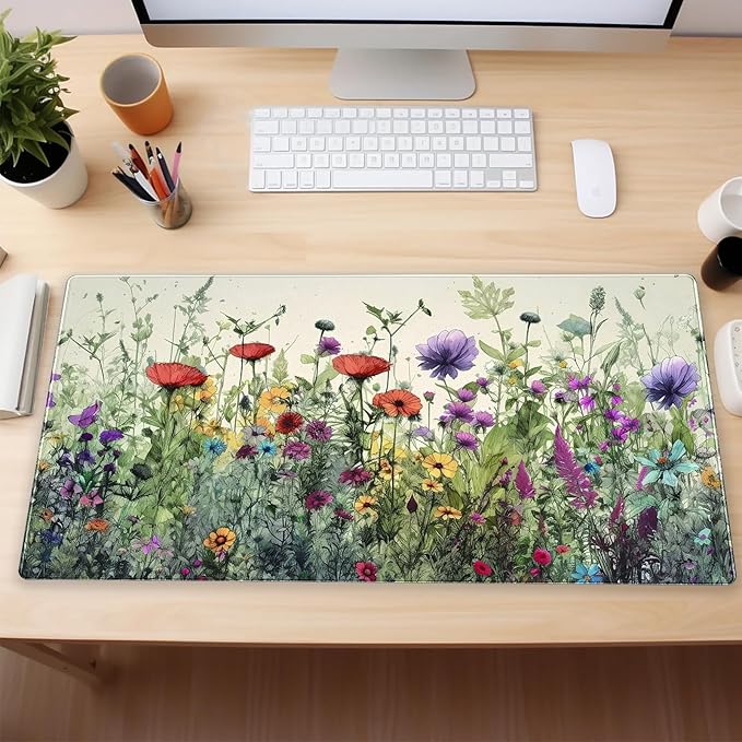 Boho Floral Desk Pad Watercolor Flowers Desk Mat XL Large Gaming Mousepad Extended Aesthetics Laptop Computer Keyboard and Mouse Pad Office Desk Decor for Women 31.5 x 15.7 in