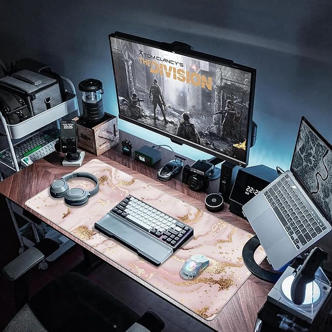 Large Gaming Mouse Pad for Desk, Gold Pink Marble Desk Mat for Desktop, Non-Slip Rubber Base Stitched Edges Long Computer Keyboard Mouse Mat Desk Pad for Home Office Gaming 35.4"X15.7"