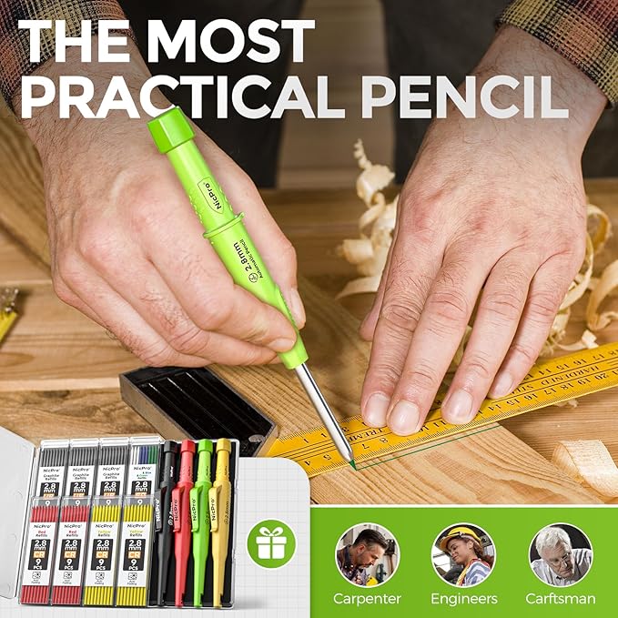 Nicpro 4 Pack CP3000 Carpenter Pencils with Sharpener, Mechanical Pencil Set with 76 Refills, Heavy Duty Construction Pencil, Carpenter Tools for Working Architect Marking (Red, Black, Yellow, Green)