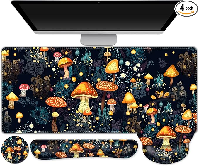 Gaming Mouse Pad, Large Desk Mat, Cute Desk Pad Protector, 4in1 XXL Mousepad + Keyboard Wrist Rest+Mouse Wrist Rest+Coaster Set with Ergonomic Desk Pad for Home Office Table Computer, Lovely Mushroom