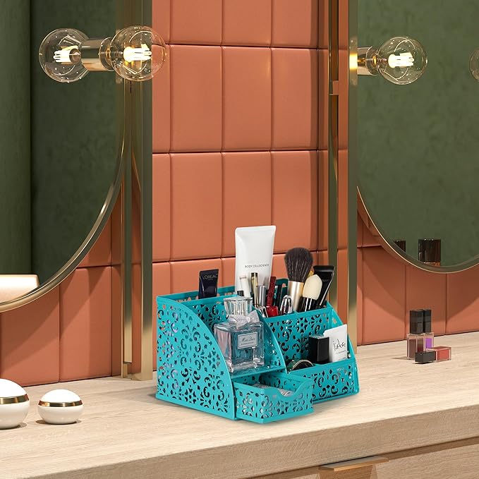 EasyPAG Desk Organizer with Sliding Drawer - 6 Compartments Metal Desktop Caddy, Decorative Elegant Hollow Flower Design, Anti-Scratch Pads for Home, Office, School, Dark Teal