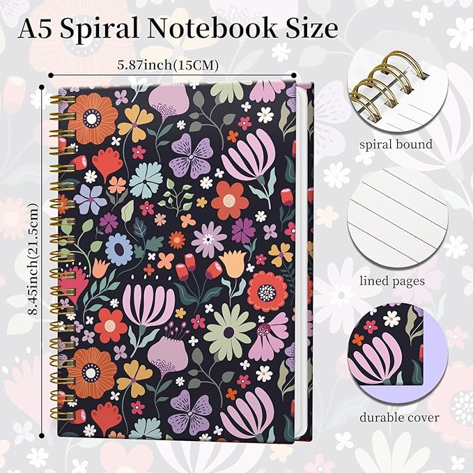 Spiral Notebook Journal for Women Men, A5 Hardcover Journal, 120 Pages Thick Paper, College Ruled Writing Notebook for School, Work & Office 8.3'' × 5.9''(Colorful Garden Flowers)