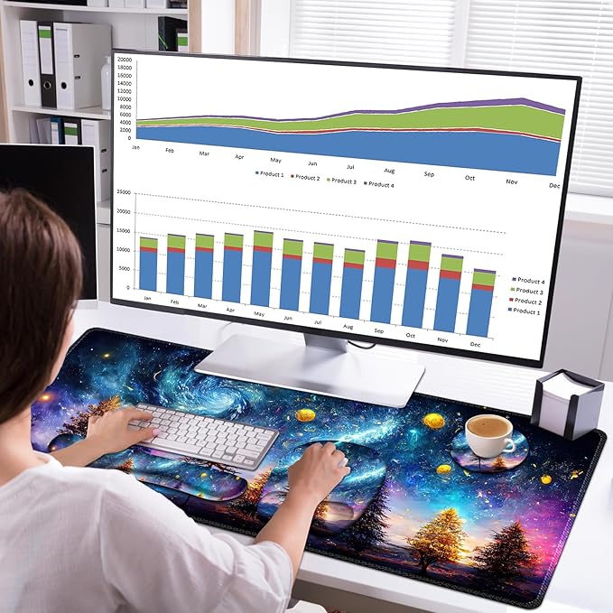 4 in 1 Large Mouse Pad, Keyboard Wrist Rest Set, Ergonomic Mouse Pad with Wrist Support, Desk Mat with Stitched Edges，Extended Desk Pad Waterproof Desk Mat for Home Office Game I Colorful World