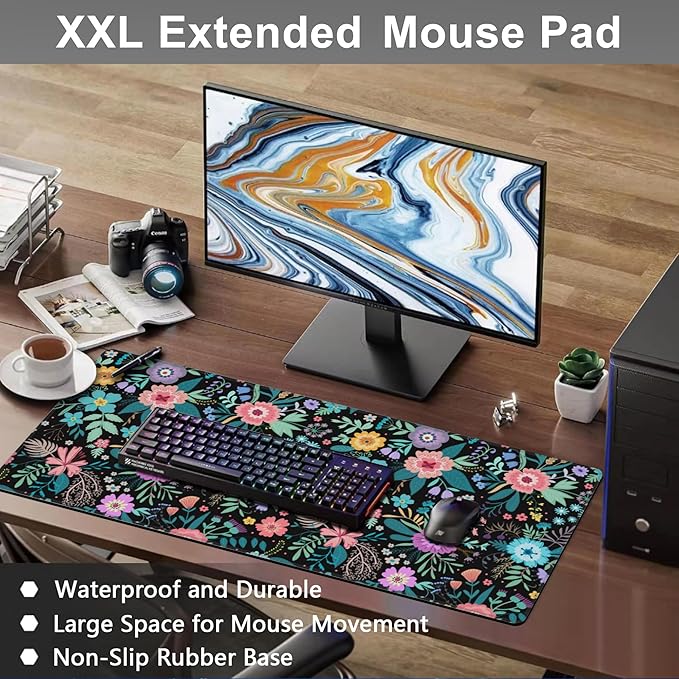 Mouse Pad, Large Colorful Flowers and Plants Desk Mat, Extended Non-Slip Gaming Keyboard Mousepad Desk Pad, Thick Stitched Edges Waterproof Mouse Mat 31.5"x15.7" (Beautiful Floral)