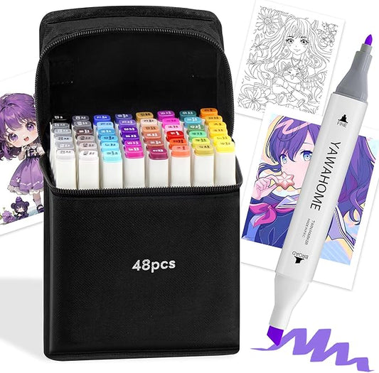 48 Colors Alcohol Markers Set: Dual Tip Art Marker for Adult Coloring Books Professional Permanent Blending Chisel&Fine Marker Pens Artist Sets for Drawing Painting Sketching Illustration Kids Gifts