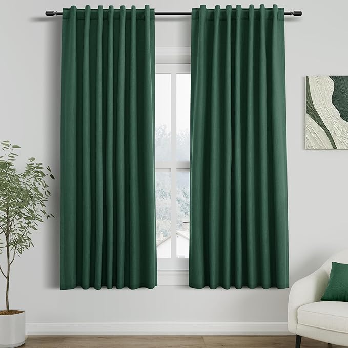Nanspring Green 100% Blackout Curtains 63 inches Long for Bedroom Boho Farmhouse Back Tab Rod Pocket Thermal Insulated Textured Short Room Darkening Curtains 2 Panels Set 52x63 Inches
